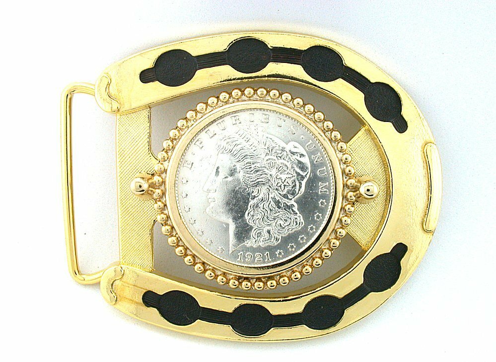 1921 Morgan Silver Dollar Bright Gold Color Horseshoe Belt Buckle EPBB189