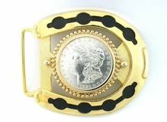 1921 Morgan Silver Dollar Bright Gold Color Horseshoe Belt Buckle EPBB189