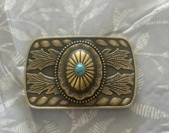 Turquoise Western Belt Buckle Antique Brass Engraved Oval Cabochon Cowboy Style