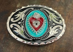 Sacred Heart Belt Buckle Valentines Day Turquoise Crown Mexican Art Western