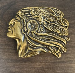 Vintage 1970s Brass Indian Head Motorcycle Belt Buckle 3 1/4&Prime; Wide #2