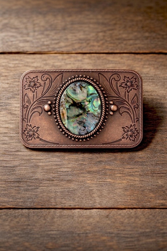 Bronze Abalone Shell Belt Buckle Engraved Floral Inlay Fits 1.5 Inch Belt