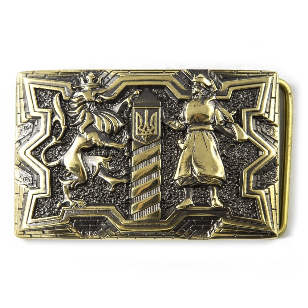 Brass belt buckle Guardians, Military, Cossack and Lion, Ukrainian belt buckle