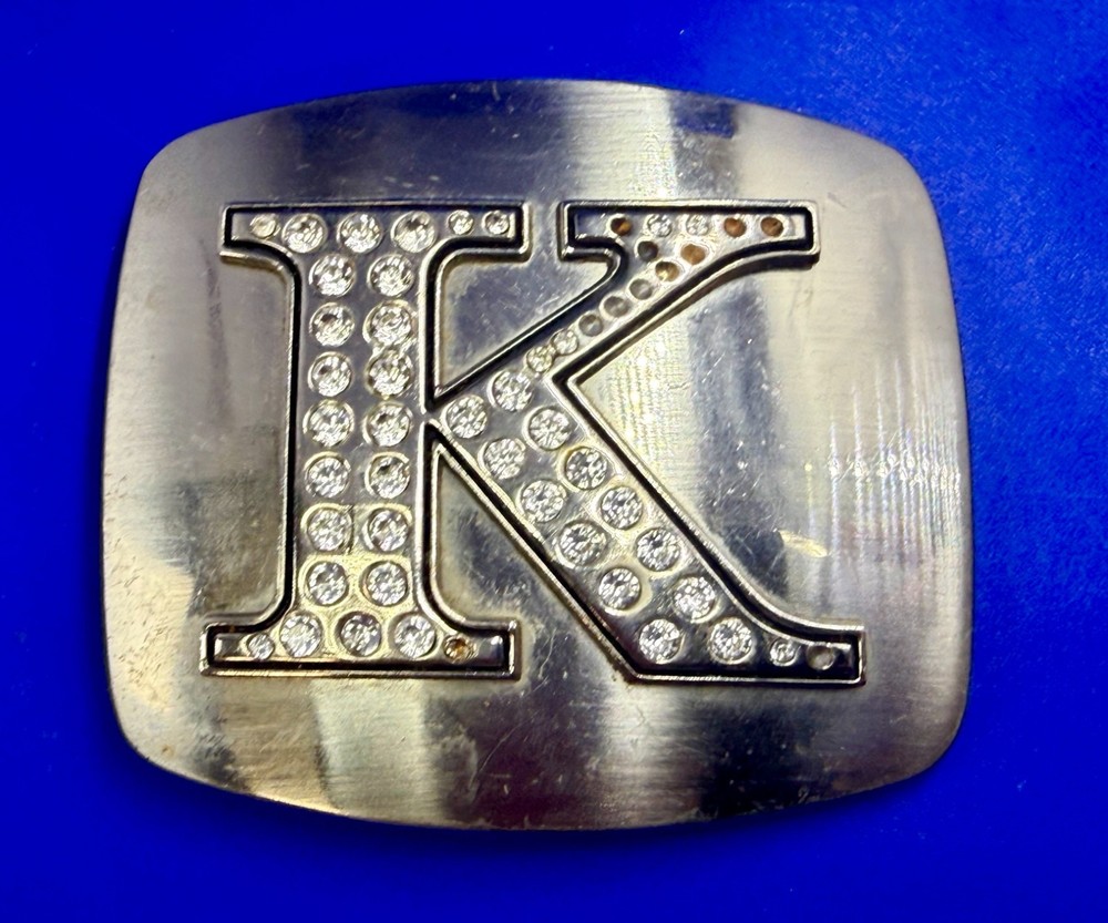 Custom Initial Letter K Monogram Silver Tone Belt Buckle – Missing a Rhinestone