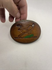 Vtg White Tail Deer belt buckle HAND TOOLED handcrafted leather WESTERN nature
