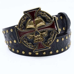 Vintage Skull Maltese Cross Buckle Leather Belt