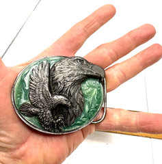 Siskiyou Bald Eagles Belt Buckle Co 1990 Vintage Pewter Teal Enamel Swirl USA