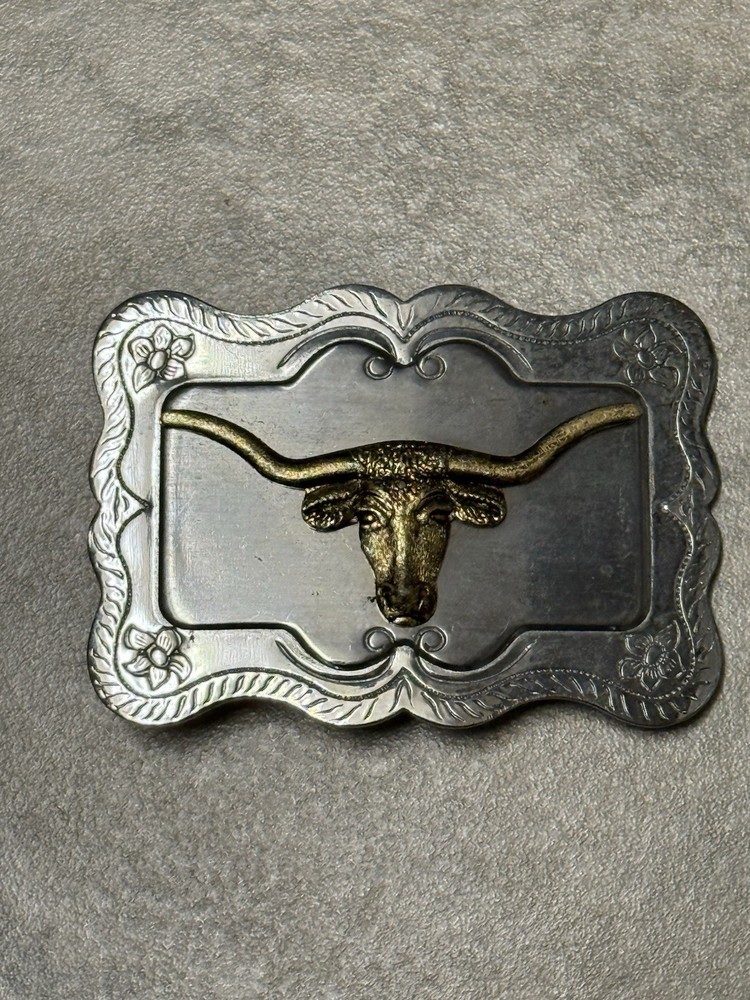 LONGHORN BULL HORNS STEER COW SHINY SILVER TONED WESTERN BELT BUCKLE