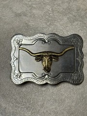 LONGHORN BULL HORNS STEER COW SHINY SILVER TONED WESTERN BELT BUCKLE