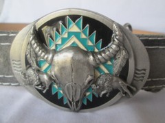 1992 Siskiyou Southwestern Buffalo Skull Feather Buckle Turquoise & Belt Size 36