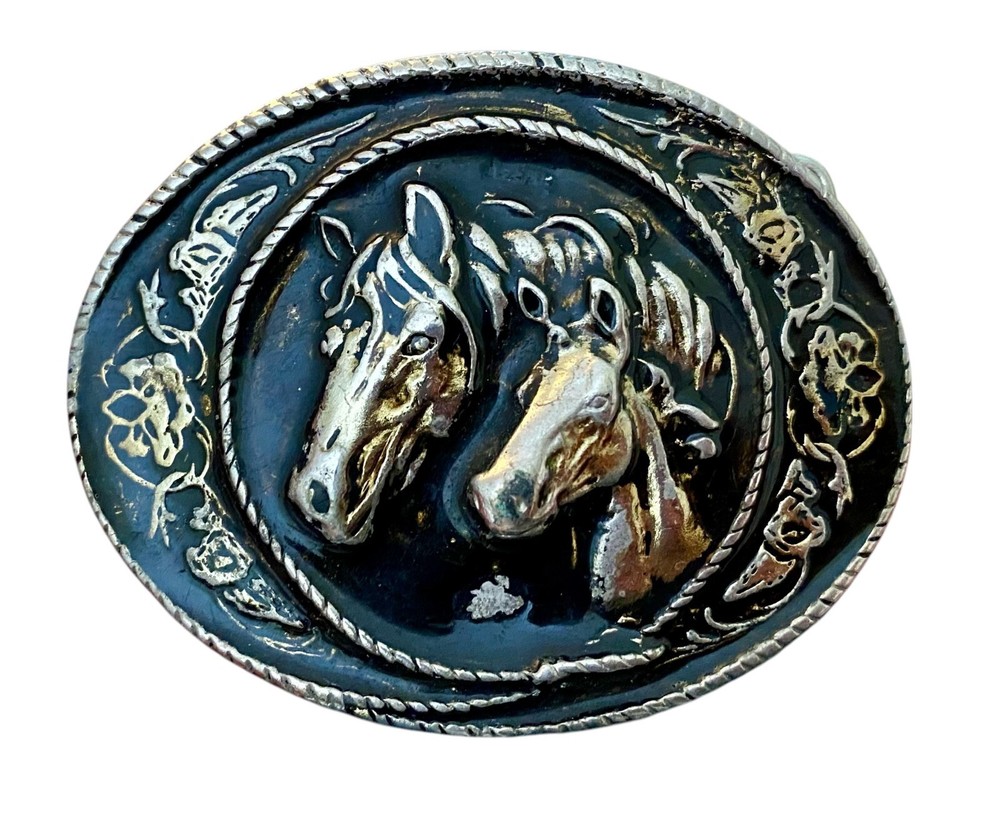 Horses Equestrian Black Belt Buckle 3.25&Prime;