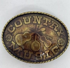 VTG Country Music Enamel Solid Brass Oval Belt Buckle Music