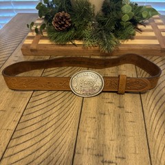 Justin Leather Belt Size 28 Brown Tooled Champion Buckle Western Rodeo