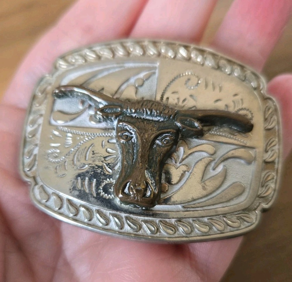 Western Silvertone Longhorn Bull Head Belt Buckle Cowboy/Cowgirl For 1&Prime; Strap
