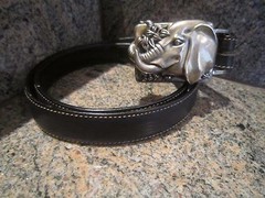 KIESELSTEIN-CORD ELEPHANT BELT BUCKLE W/BLACK LEATHER/BEIGE BELT SIZE 4
