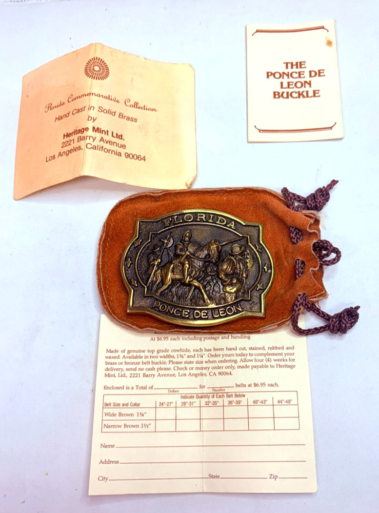 Vintage Heritage Mint Ltd Ponce de Leon Brass Belt Buckle with Papers and Pouch