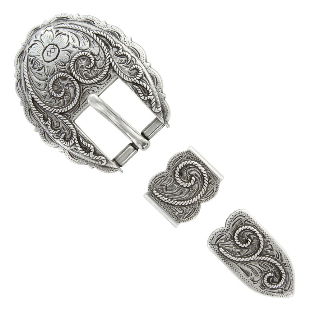 Western Cowboy/Cowgirl Rodeo Decor Engraved Antique Silver Buckle 3 pc Set