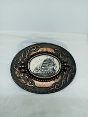 Vtg. 1970s Sailing Ship Belt Buckle W Birds. Brass Plated Metal. Ornate Edges.