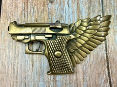 Winged Gun Flying Pistol Handgun Figural Cutout Brass Tone Large Belt Buckle