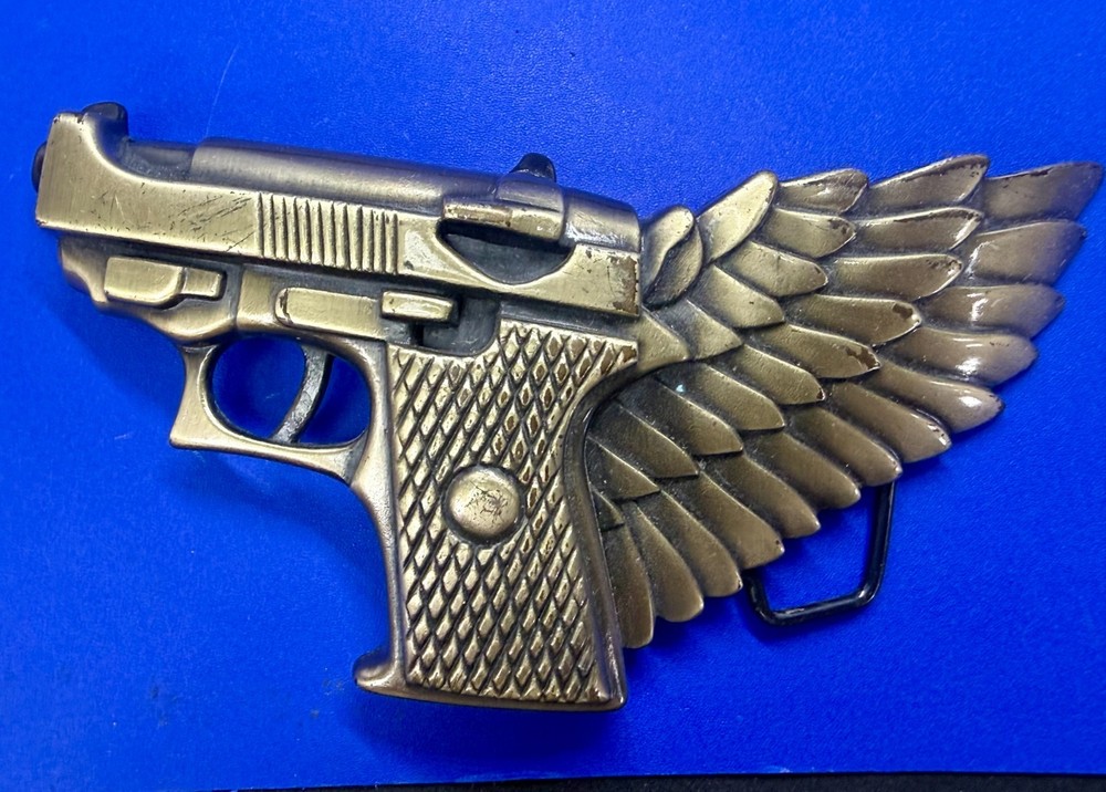 Winged Gun Flying Pistol Handgun Figural Cutout Brass Tone Large Belt Buckle
