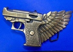 Winged Gun Flying Pistol Handgun Figural Cutout Brass Tone Large Belt Buckle