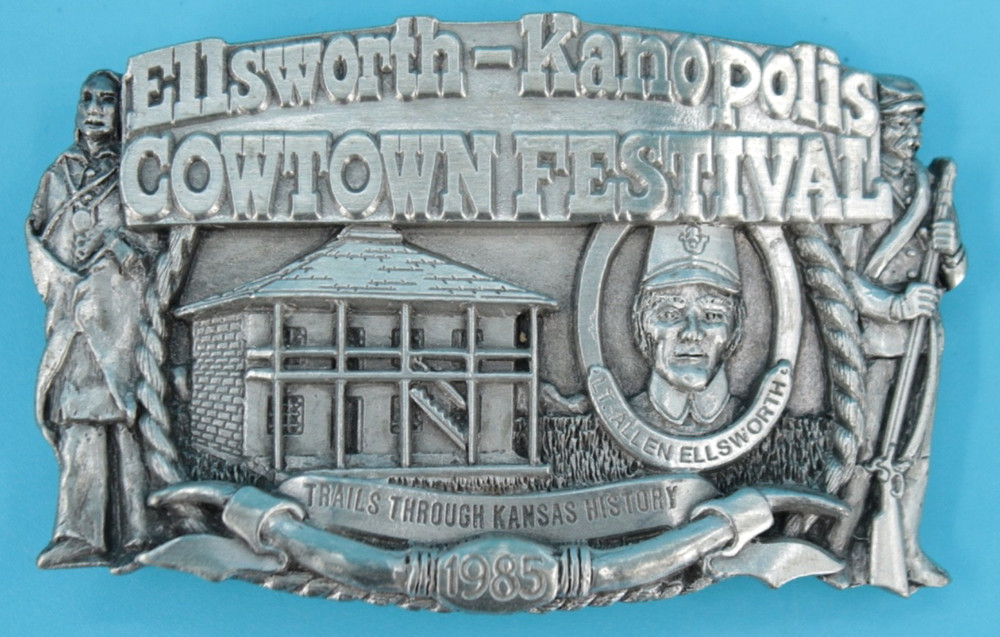 VTG 80s Ellsworth Kanopolis Kansas Cowtown Festival Western Belt Buckle