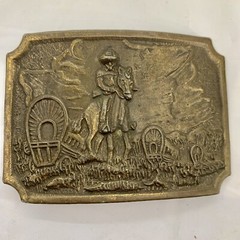 Vintage Western Belt Buckle Pioneers Wagon Train Trail Cowboy Horse