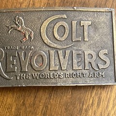 VINTAGE COLT REVOLVERS BRASS BELT BUCKLE ~ ANTIQUE FINISH