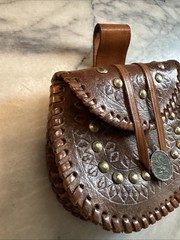 Vintage Boho Festival Leather Belt Bag Pouch Studs Hand Tooled 5.5”W X 4.5”H