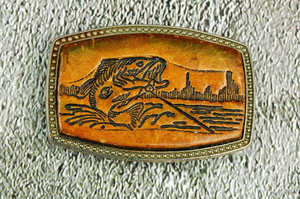 Bass Fishing vintage belt buckle western leather on metal Alumaline