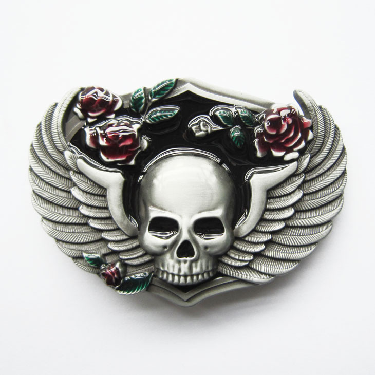 Skull w/ Wings Rose Flowers Metal Enamel Color Belt Buckle