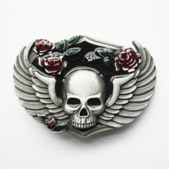 Skull w/ Wings Rose Flowers Metal Enamel Color Belt Buckle