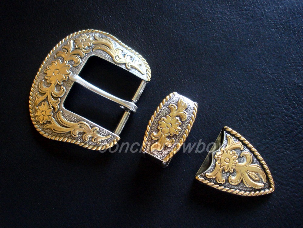 WESTERN COWBOY GOLD FLORAL ENGRAVED ROPE EDGE BELT BUCKLE SET FITS 1-1/2&Prime; BELT