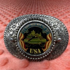 Military Tank Floral Oval Metal Belt Buckle Silver Tone for Men