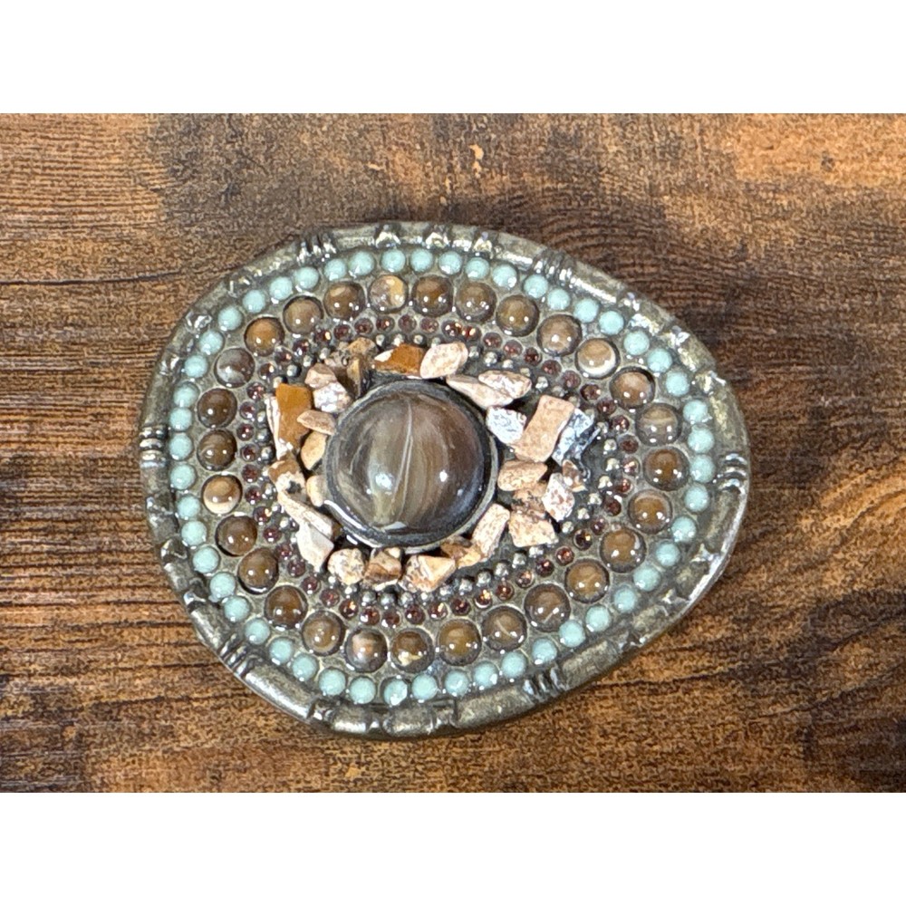 Western Mosaic Stone Belt Buckle Oval Earthy Agate Style Brass Tone Bohemian