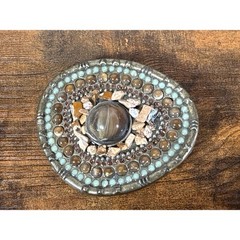 Western Mosaic Stone Belt Buckle Oval Earthy Agate Style Brass Tone Bohemian