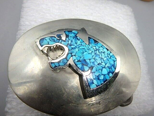 Vintage inlaid chipped turquoise raised Jaguar head belt buckle