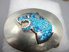 Vintage inlaid chipped turquoise raised Jaguar head belt buckle