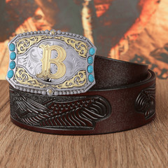 Turquoise Belt Buckle Western Cowboy Rodeo Initial Letters ABCD to Z Belt Buckle
