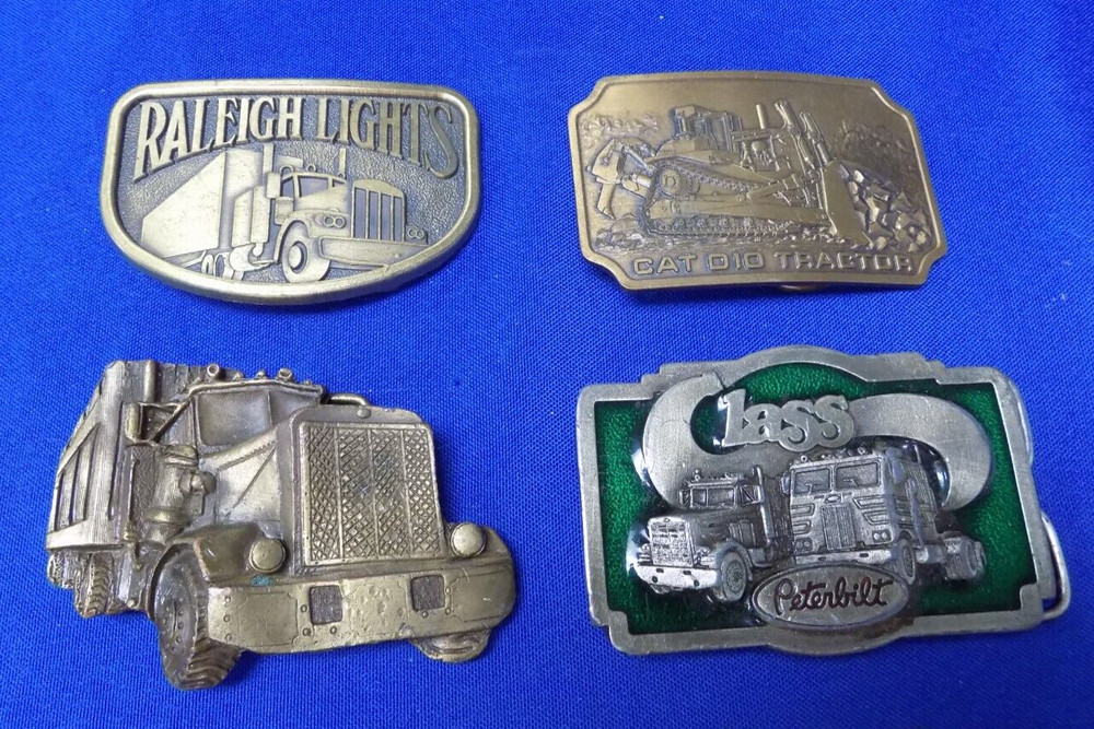 Lot of 3 Vintage Brass & 1 Mixed Alloys Truck & Tractor Themed Belt Buckles