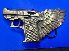 Winged Gun Flying Pistol Handgun Figural Cutout Brass Tone Large Belt Buckle