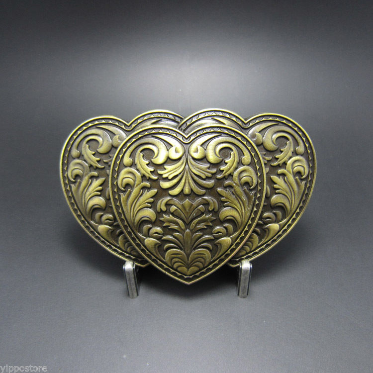Antique Bronze Triple Hearts Western Flower Belt Buckle