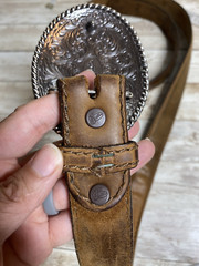 Justin Belt Mens Brown Leather Silver Tone Buckle Floral Scroll Western Cowboy