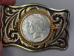 Vtg 1923 Peace Silver Dollar Coin Belt Buckle Engraved Scrollwork Western Cowboy