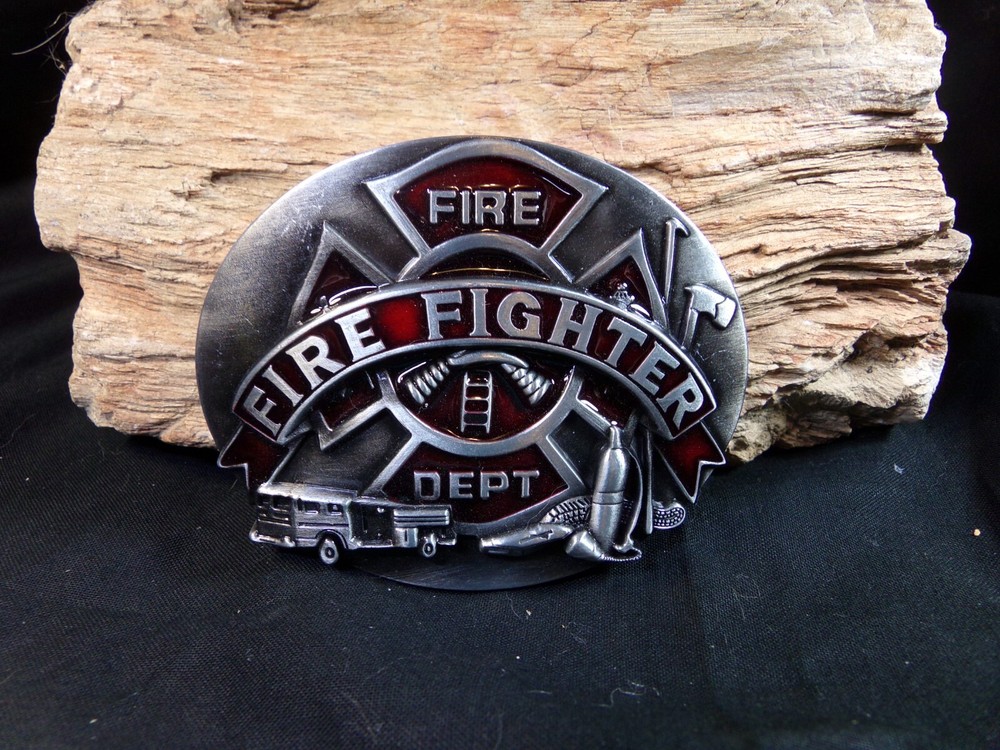 Men&rsquo;s Metal Belt Buckle Fire Fighter Fire Department, Red & Grey, Fire Truck, Ax