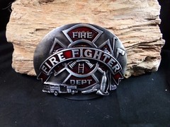 Men&rsquo;s Metal Belt Buckle Fire Fighter Fire Department, Red & Grey, Fire Truck, Ax