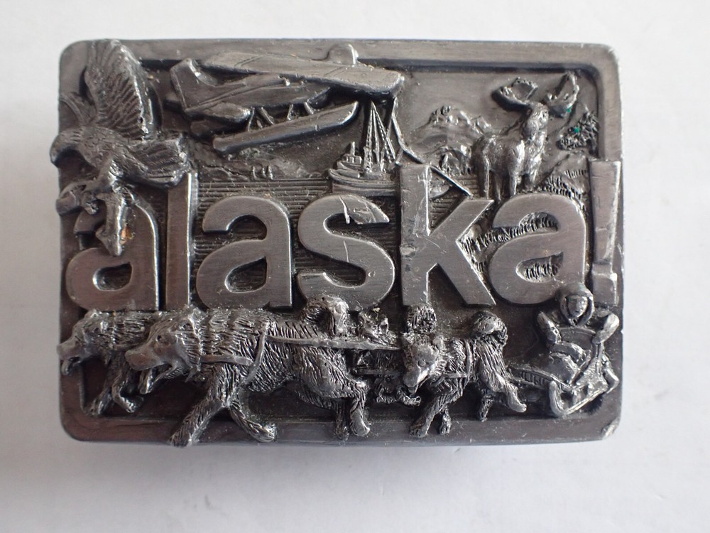 ALASKA MOOSE, EAGLE, IDITAROD DOG SLED TEAM, BUSH PLANE BELT BUCKLE