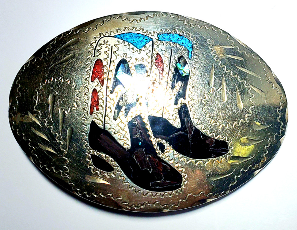 Vintage Native Made Inlaid Turquoise & Coral Cowboy Boots Silver Belt Buckle Lot