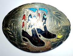 Vintage Native Made Inlaid Turquoise & Coral Cowboy Boots Silver Belt Buckle Lot