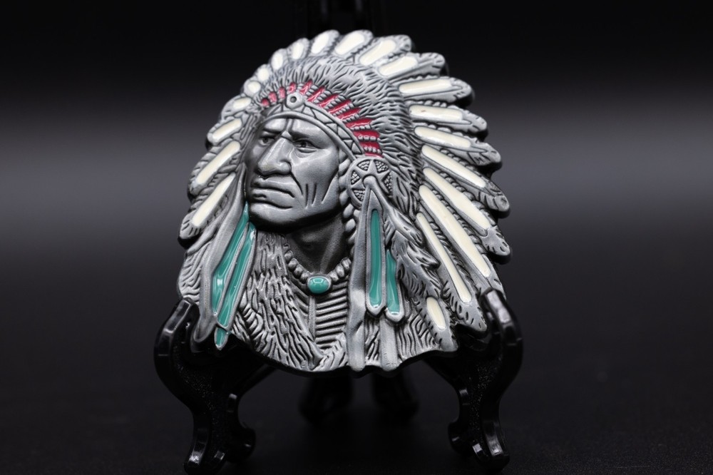Indian Chief Head Belt Buckle Silver Finish Red White & Turquoise Accen